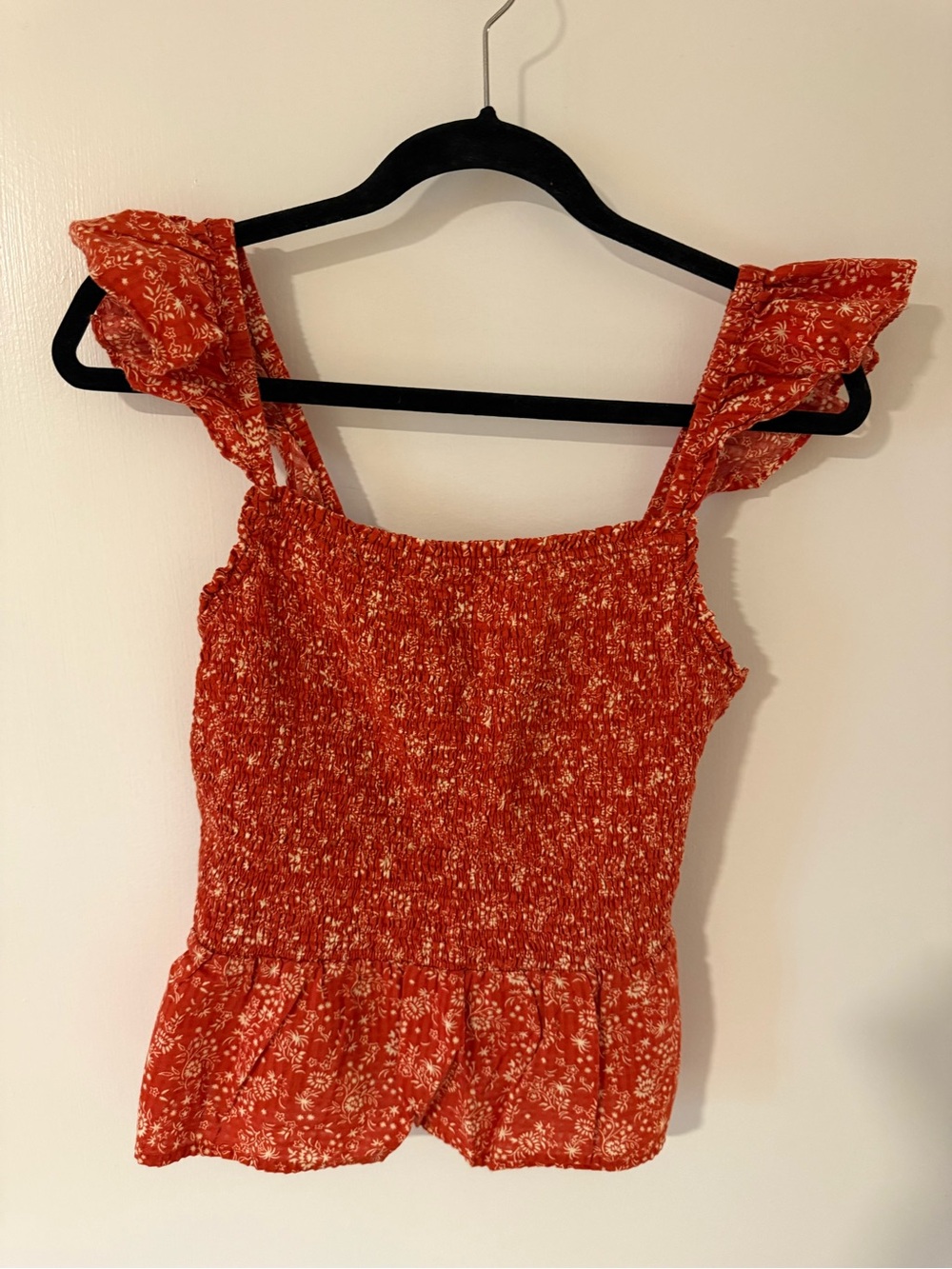 Madewell Red Floral Smocked Ruffle Strap Tank